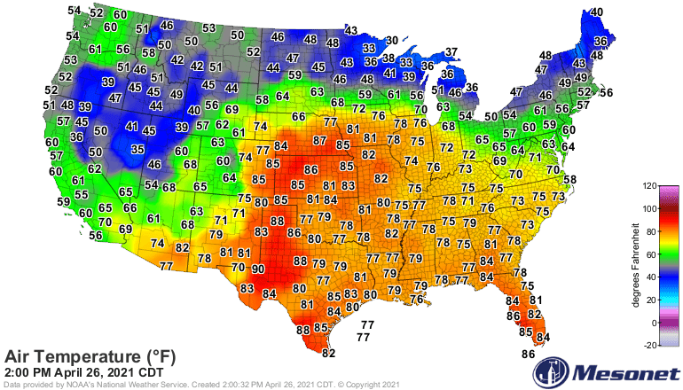 Temperatures Monday afternoon