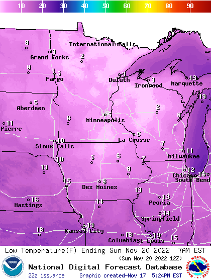 Forecast low temperatures Sunday morning