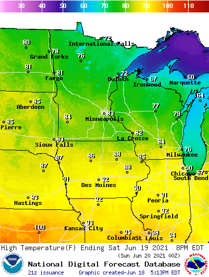 Forecast high temperatures Saturday