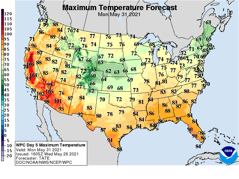 Forecast high temperatures Monday