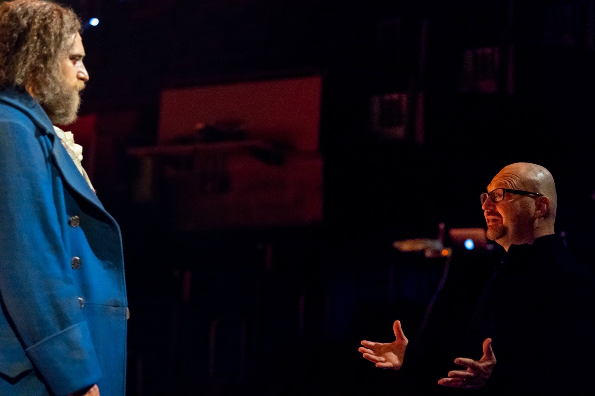 Robert Melrose, right, speaks with Zachary Fine, playing Frankenstein.