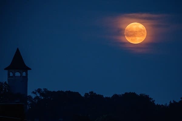 An orange full moon rises 