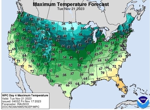 Forecast high temperatures Tuesday