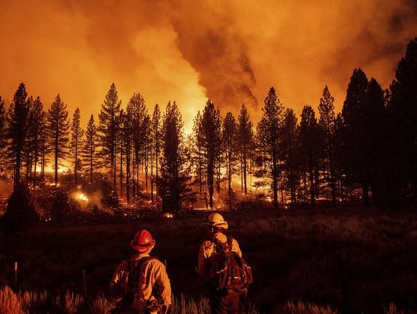 Firefighters monitor a wildfire
