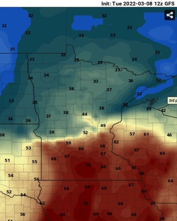 NOAA GFS temperature forecast for 3 pm Thursday March 17