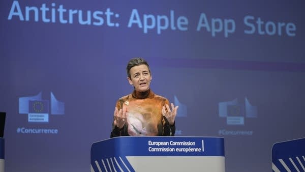 EU Commissioner Margrethe Vestager discusses the fine imposed on Apple for allegedly abusing its dominant position in the distribution of music streaming apps.