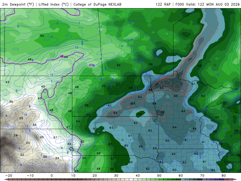 Dew points Monday 7 a.m. to 7 p.m.