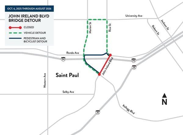 A detour map showing how to get around the John Ireland Bridge