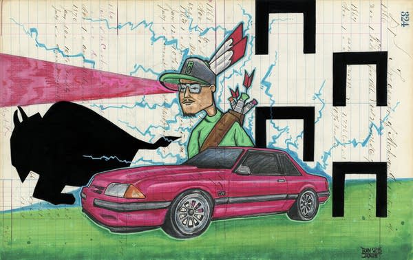 A painting shows a man in a pink car. A silhouette of a buffalo running is just in front of the car.