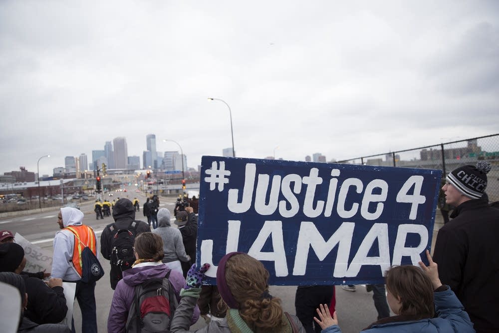 Marching toward downtown Minneapolis