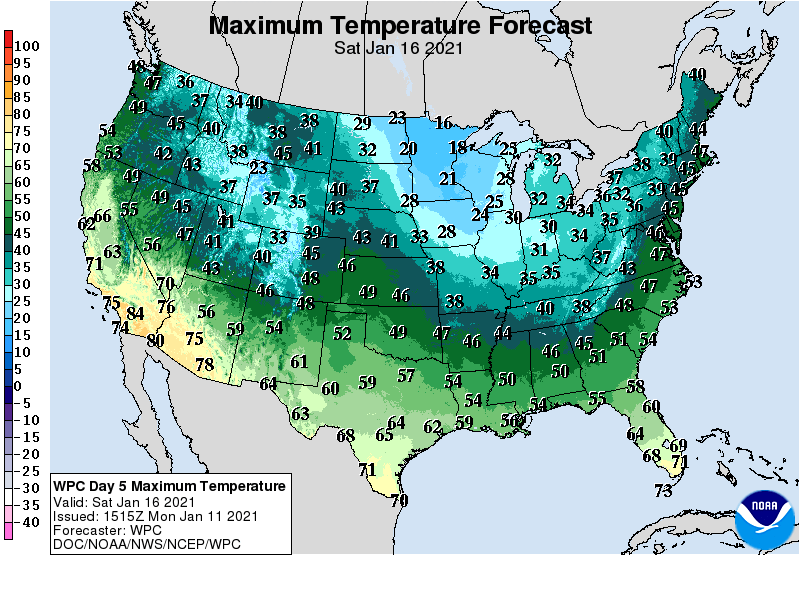 Forecast high temperatures Saturday