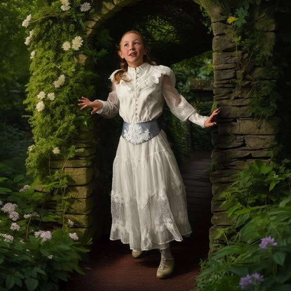 A girl in a white dress leaning through a stone archway covered in greenery.