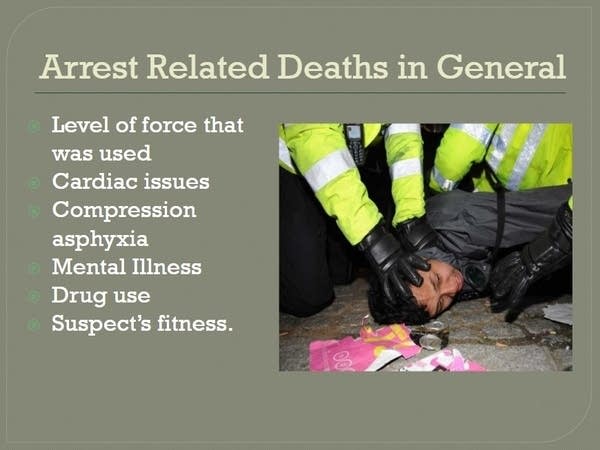 A presentation slide shows discussions on arrest related deaths.