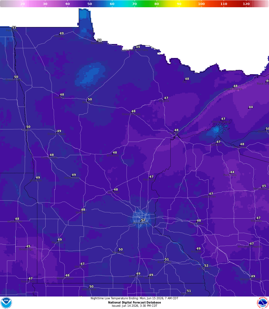 Lows for Sunday night