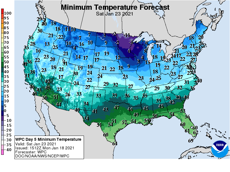Forecast minimum temps Saturday