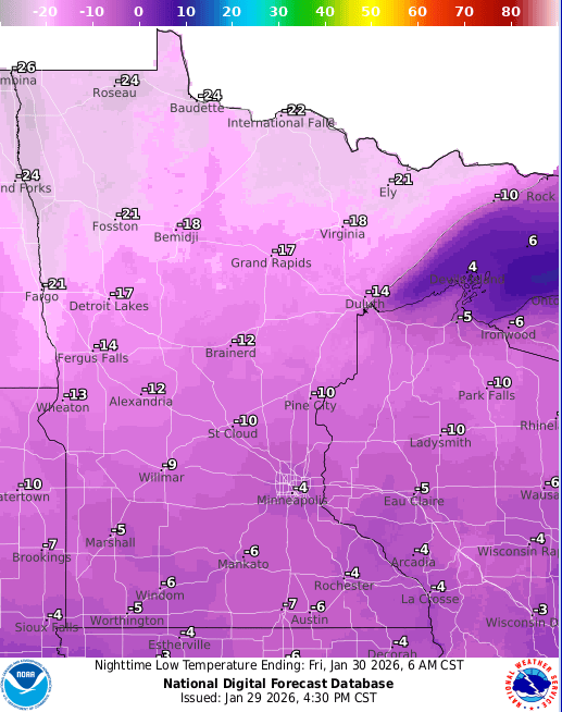 Forecast low temperatures Friday