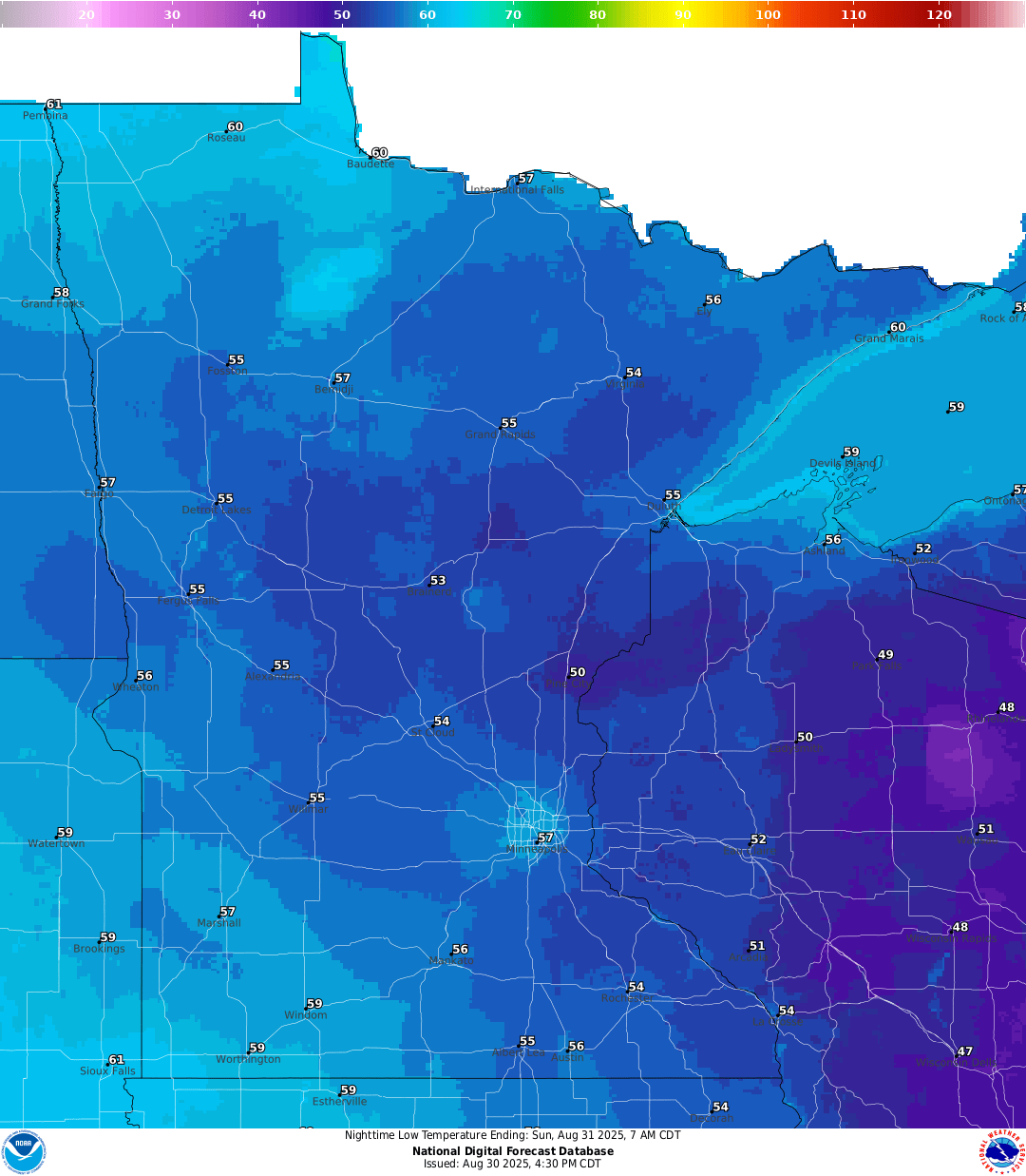 Lows for Saturday night