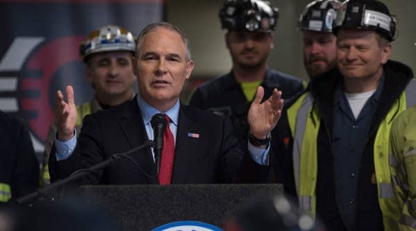 EPA Administrator Scott Pruitt speaks with coal miners at the Harvey Mine in Sycamore, Pennsylvania, in April.