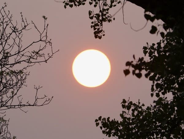 The sun rises through hazy skies