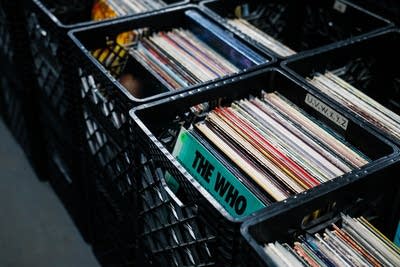 Crates of vinyl records on display in a record store