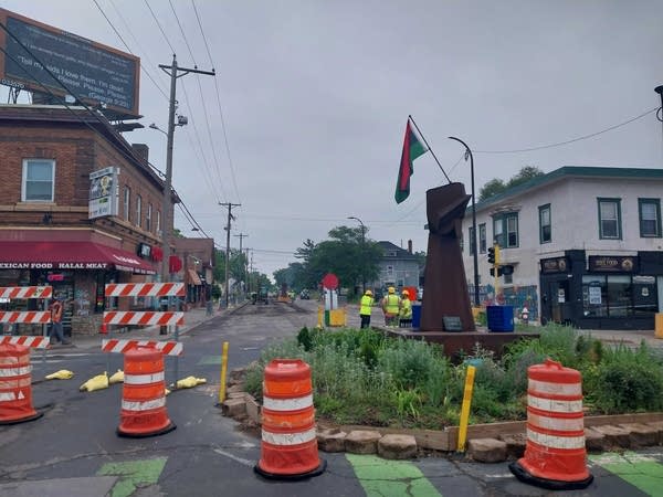 Barricades block a street construction project