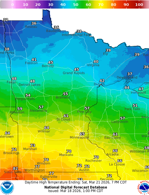 Forecast high temperatures Saturday