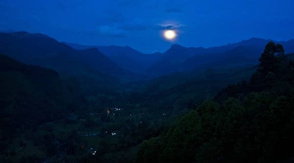 The moon is seen over Salento, department of Quindio, Colombia. 