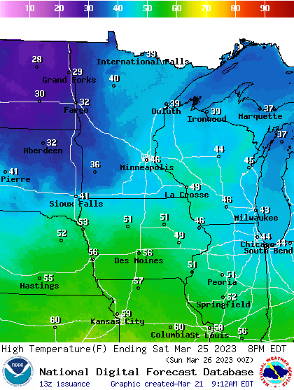 Forecast high temperatures Saturday