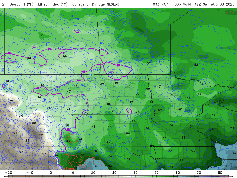 Dew points Saturday through Sunday