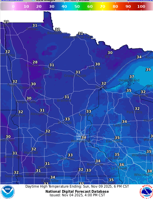 Forecast high temperatures Sunday 