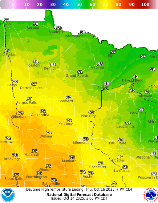 Forecast high temperatures Thursday