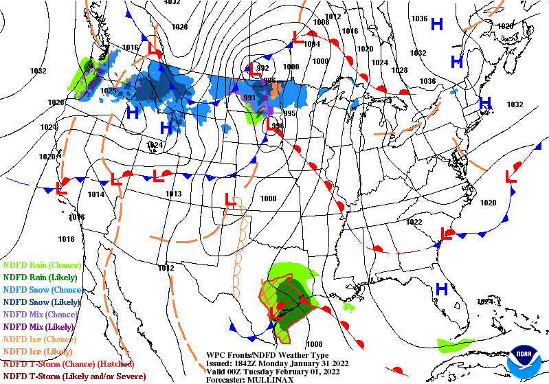 Surface weather maps through Wednesday