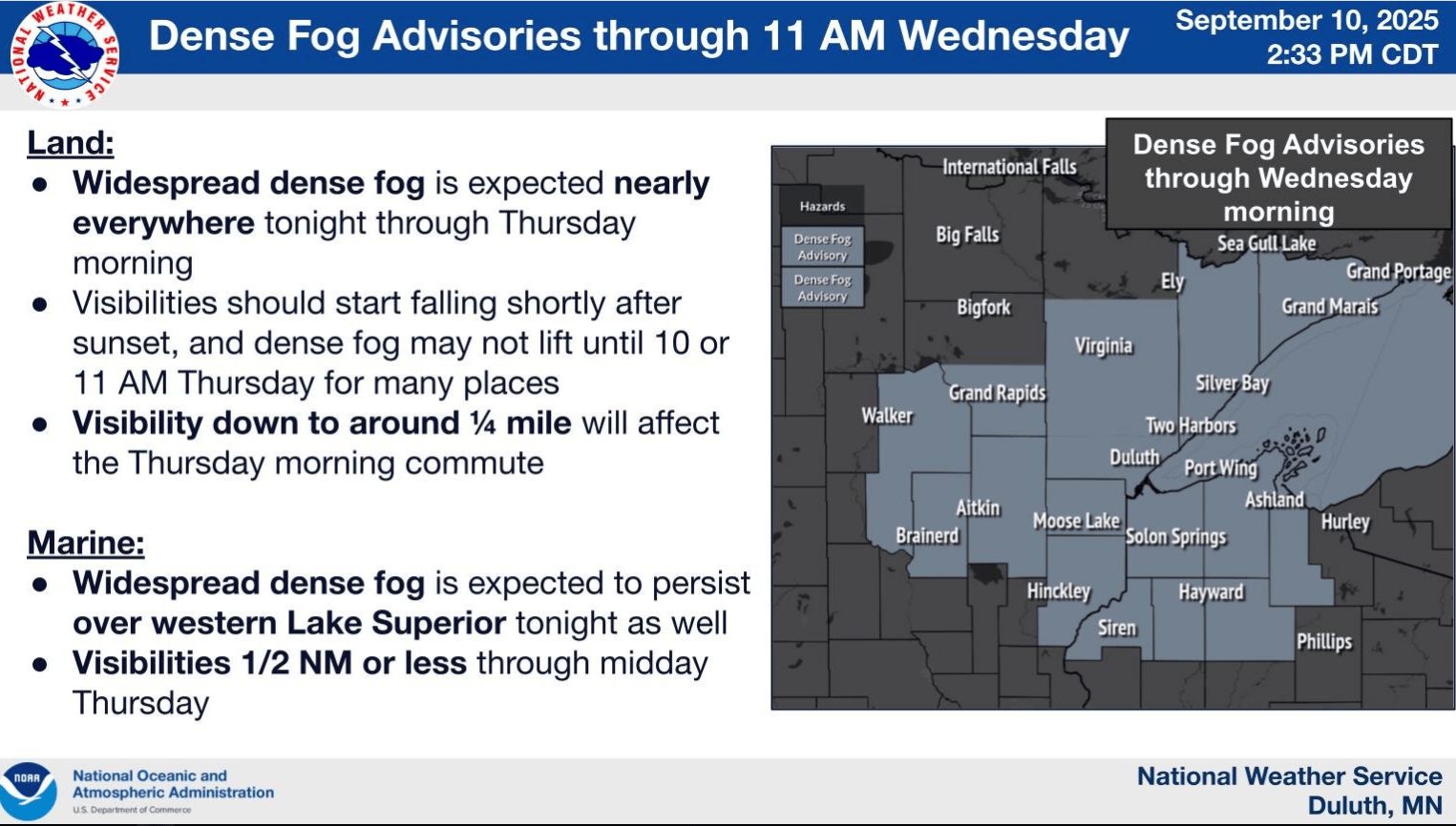 Fog season arrives: Dense fog advisories for NE Minnesota