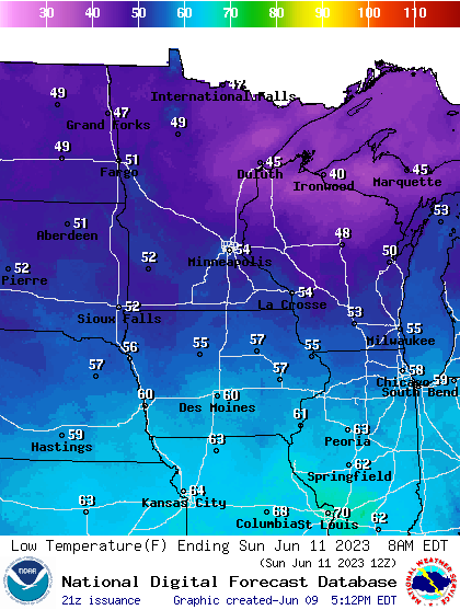 Forecast low temperatures Sunday morning