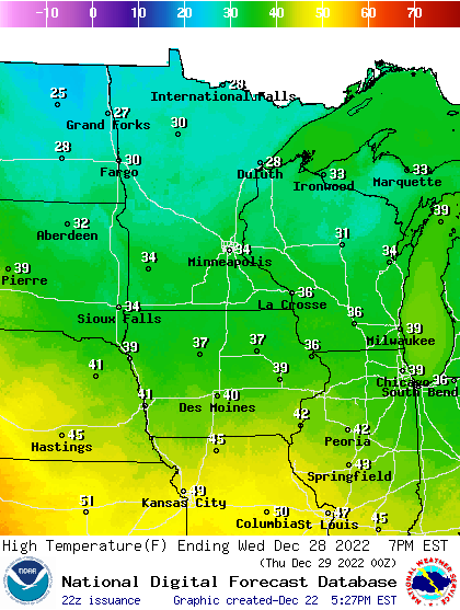 Highest temperatures forecast for Wednesday