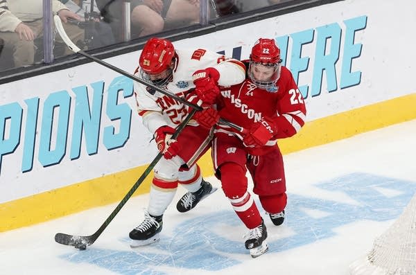 Two hockey players in red uniforms wrestle for the puck next to the wall.