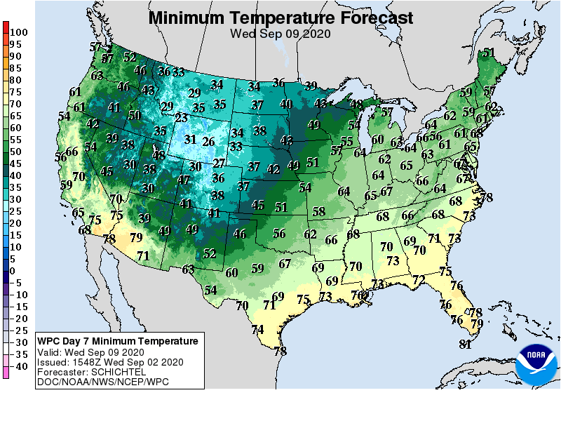 Forecast low temperatures Wednesday September 9