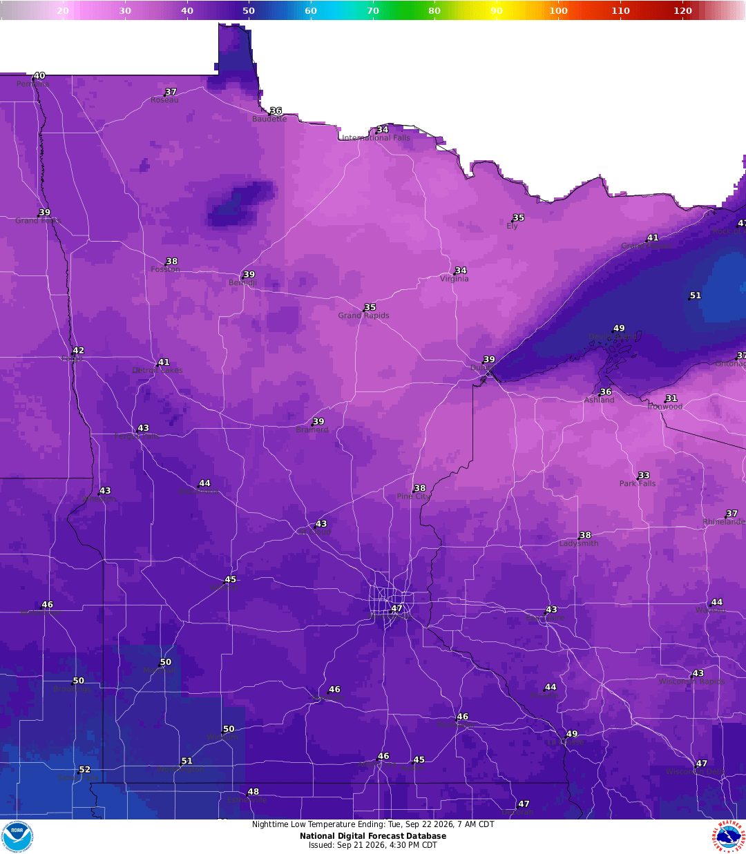 Lows for Monday night
