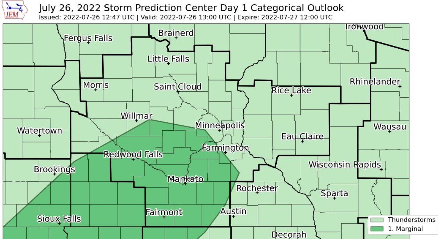 Scattered rain and thunder today; marginal severe risk