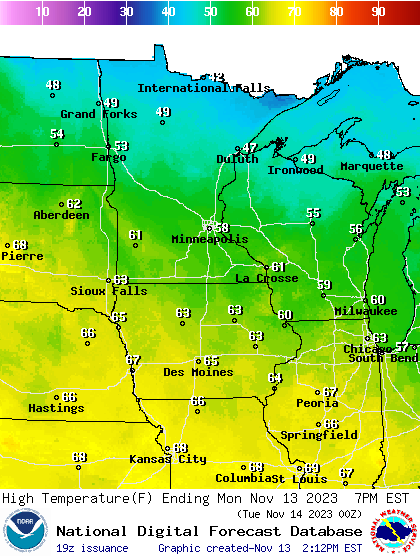 Forecast high temperatures Monday