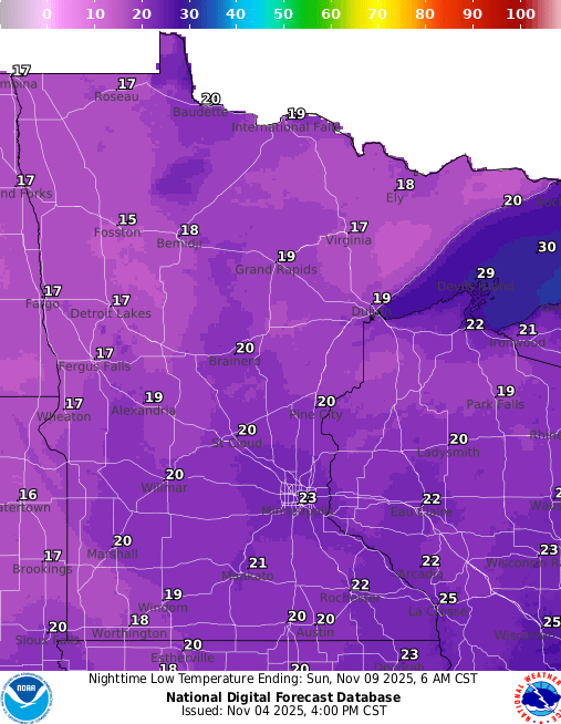 Forecast low temperatures Sunday
