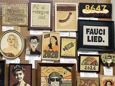 An assortment of crop art on display. The 8647 piece is in the top right corner.