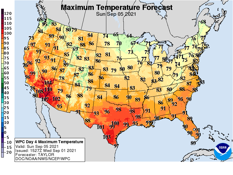 Forecast high temperatures Sunday