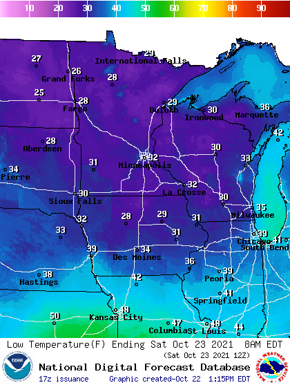 Forecast minimum temps Friday morning