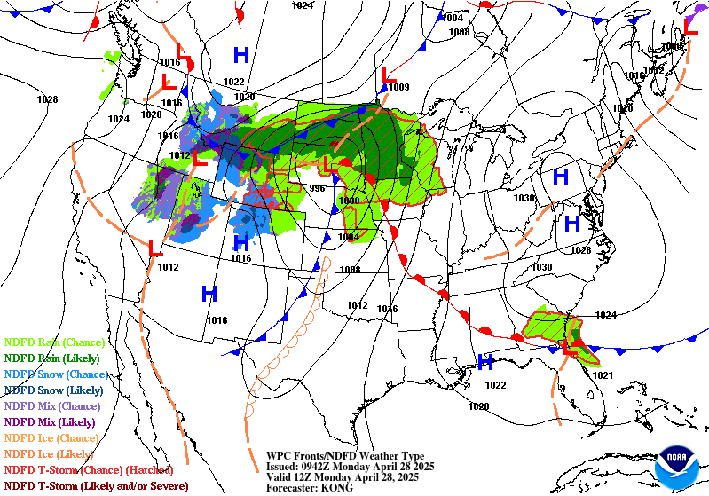 Forecast surface weather conditions for early Monday