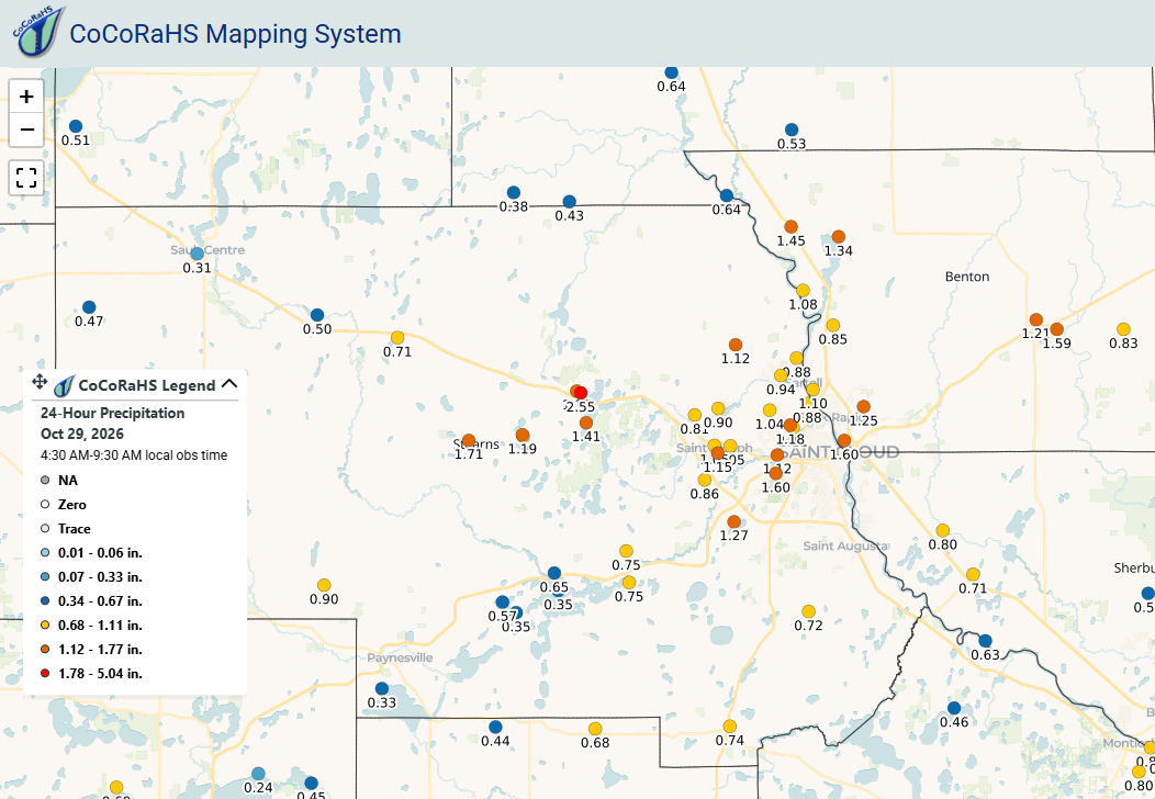Observed rainfall for Oct. 28 around Saint Cloud, MN