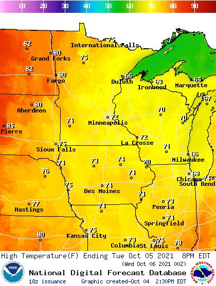 Forecast high temperatures Tuesday