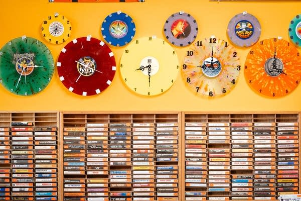 One of the many brightly colored walls from inside Orange Records in Fargo, North Dakota.