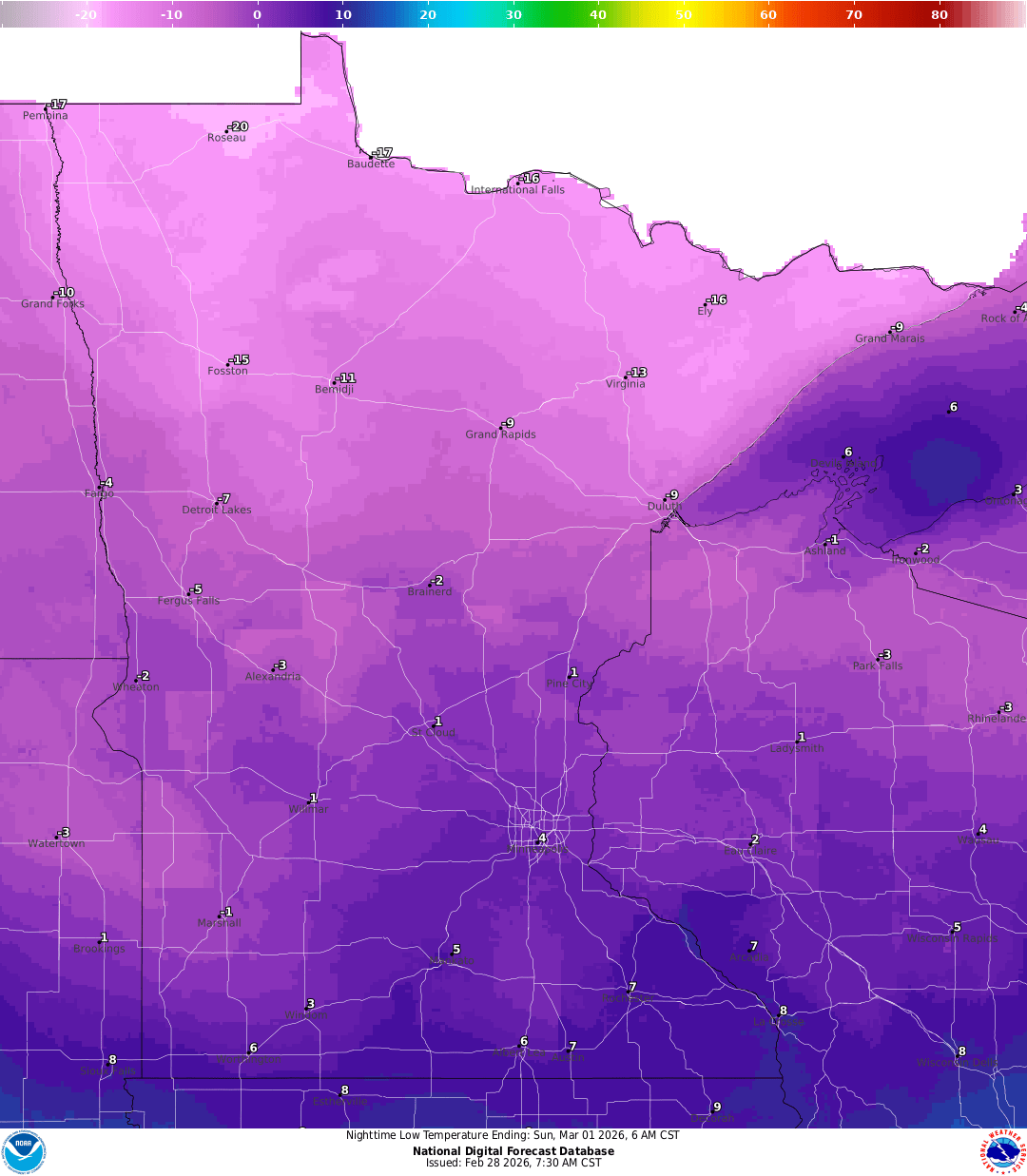 Lows for Saturday night