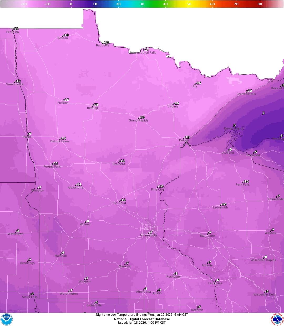 Lows for Sunday night